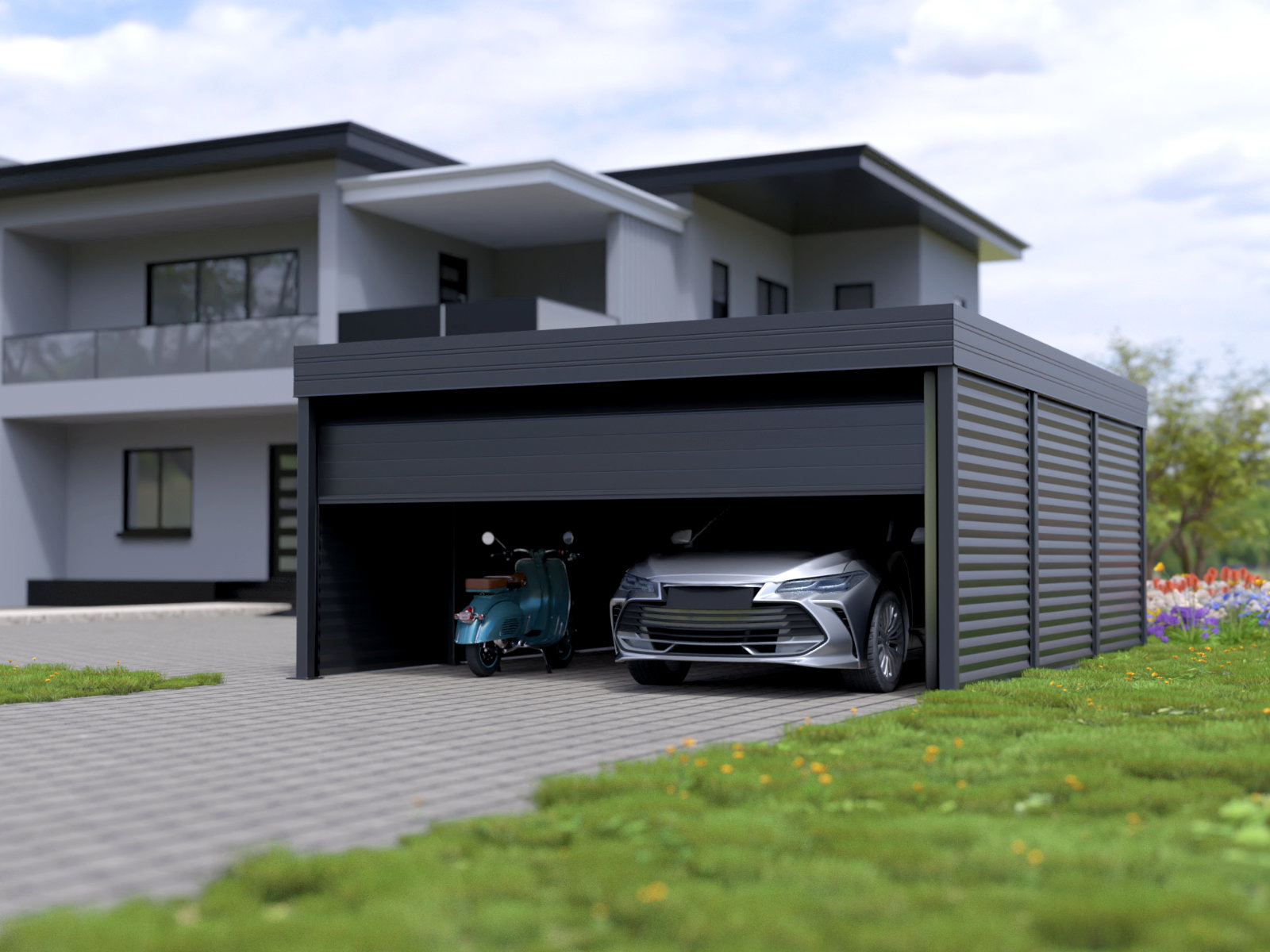 Carport mit Garagentor und Abstellraum für Fahrzeuge und Roller