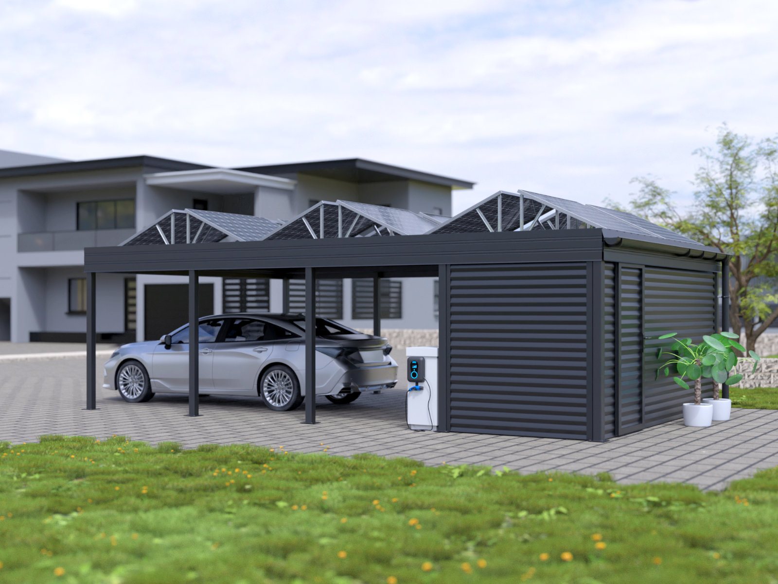 Carport mit Schuppenanbau, Solardach und Elektroauto-Ladestation