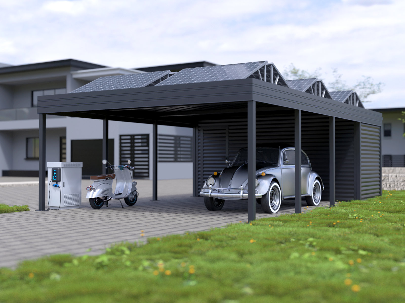 Carport mit Solartechnologie und Stauraum klassisches Auto und Roller