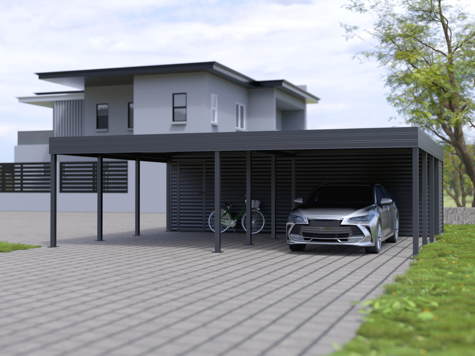 Metall-Carport mit Abstellraum, geparktes modernes Auto und Fahrrad