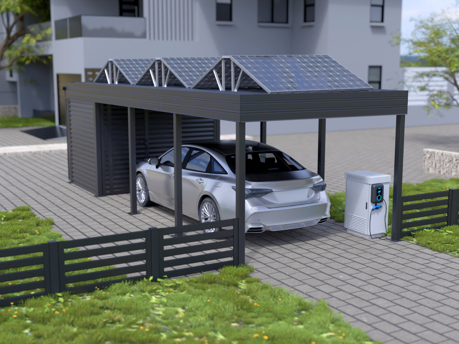Solarbetriebene Überdachung mit geparktem Fahrzeug und Ladestation